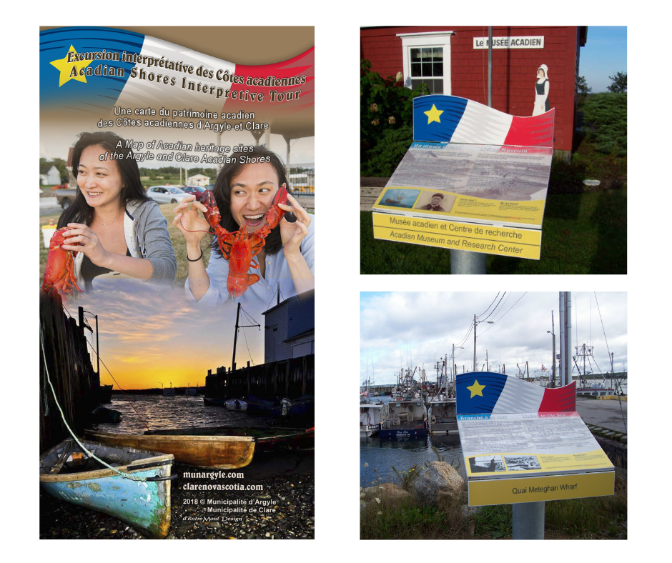 Two images of the current interpretive panels and one image of the Acadian Shores Interpretive Tours brochure cover.