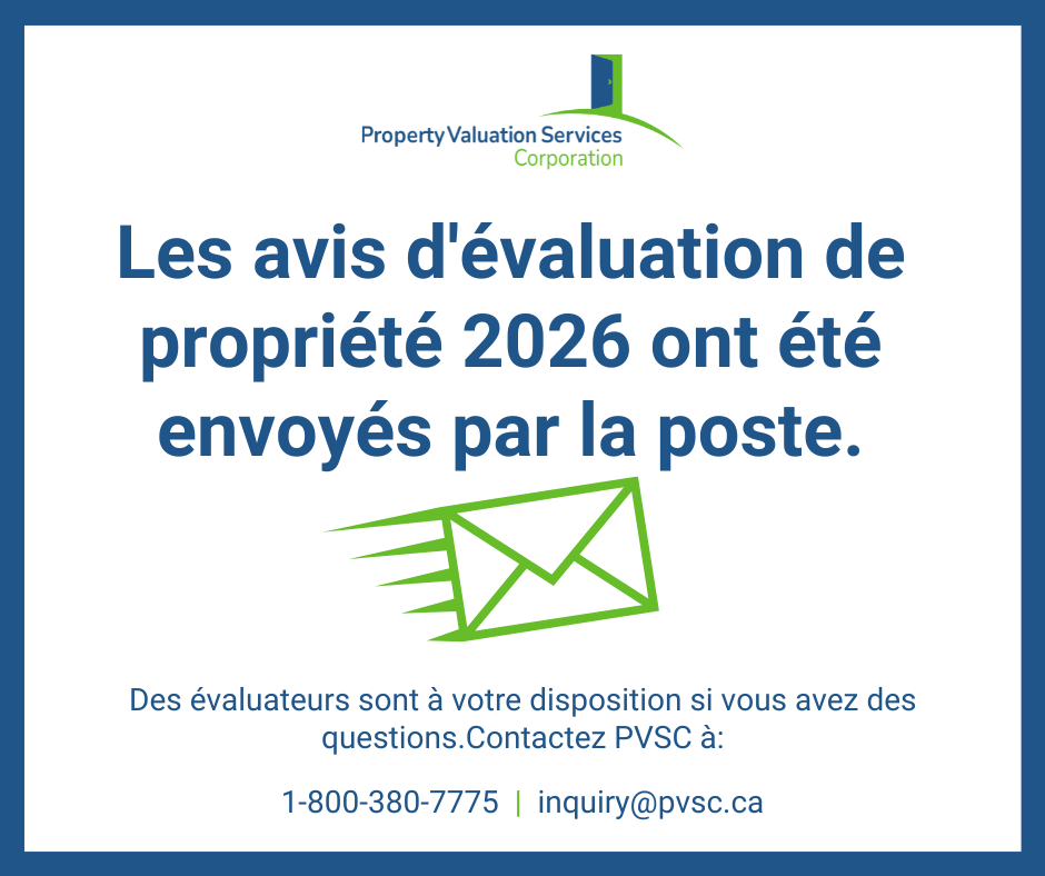 Une image avec le texte « Les avis d'évaluation foncière 2026 ont été envoyés par la poste. »